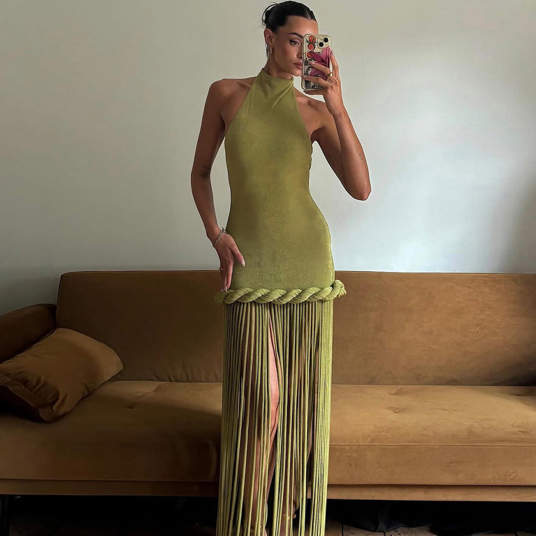 Spring Women Tassel Design Halter Sexy Backless Solid Color Dress