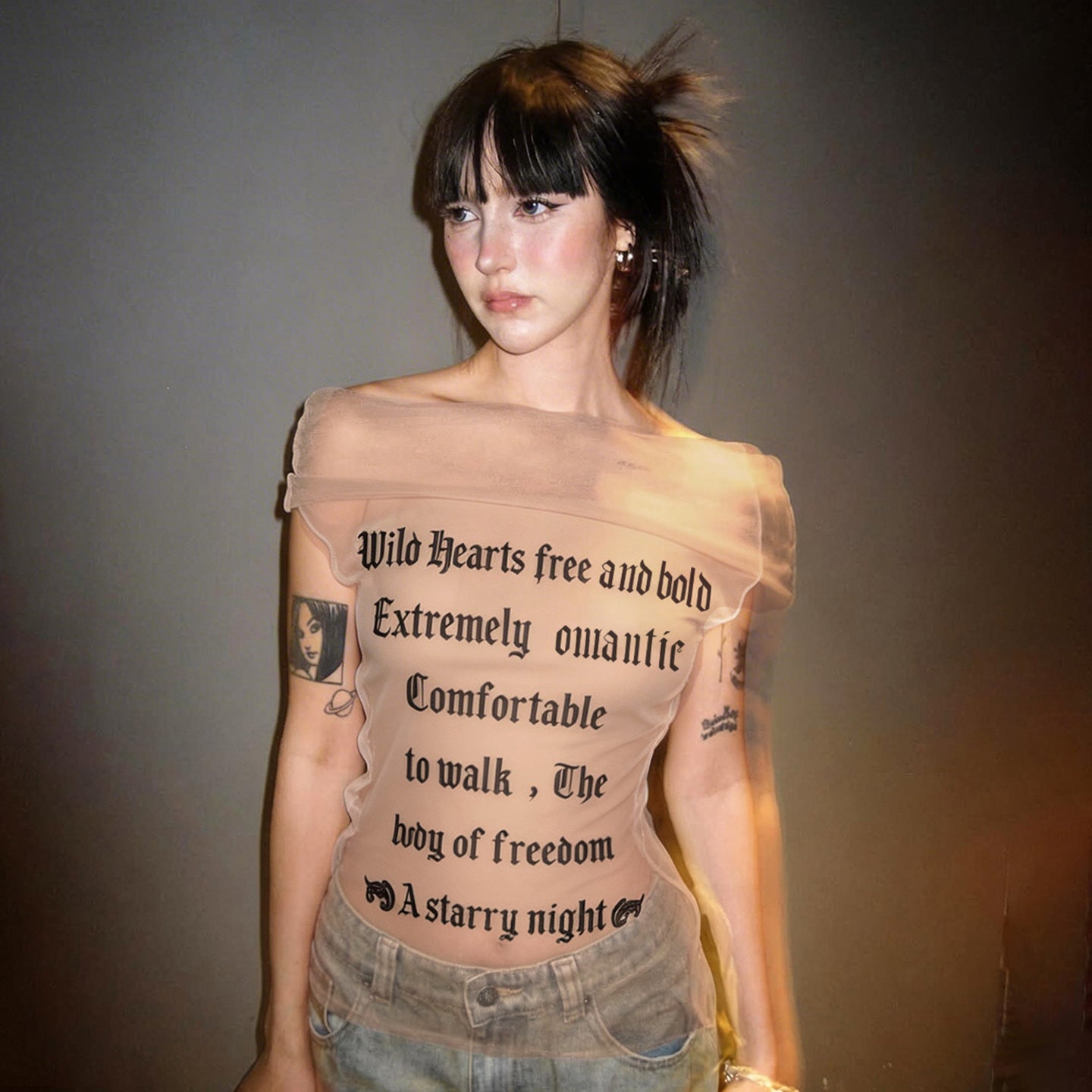 Spring Summer Women Clothing Sexy Mesh See through Letters Floral