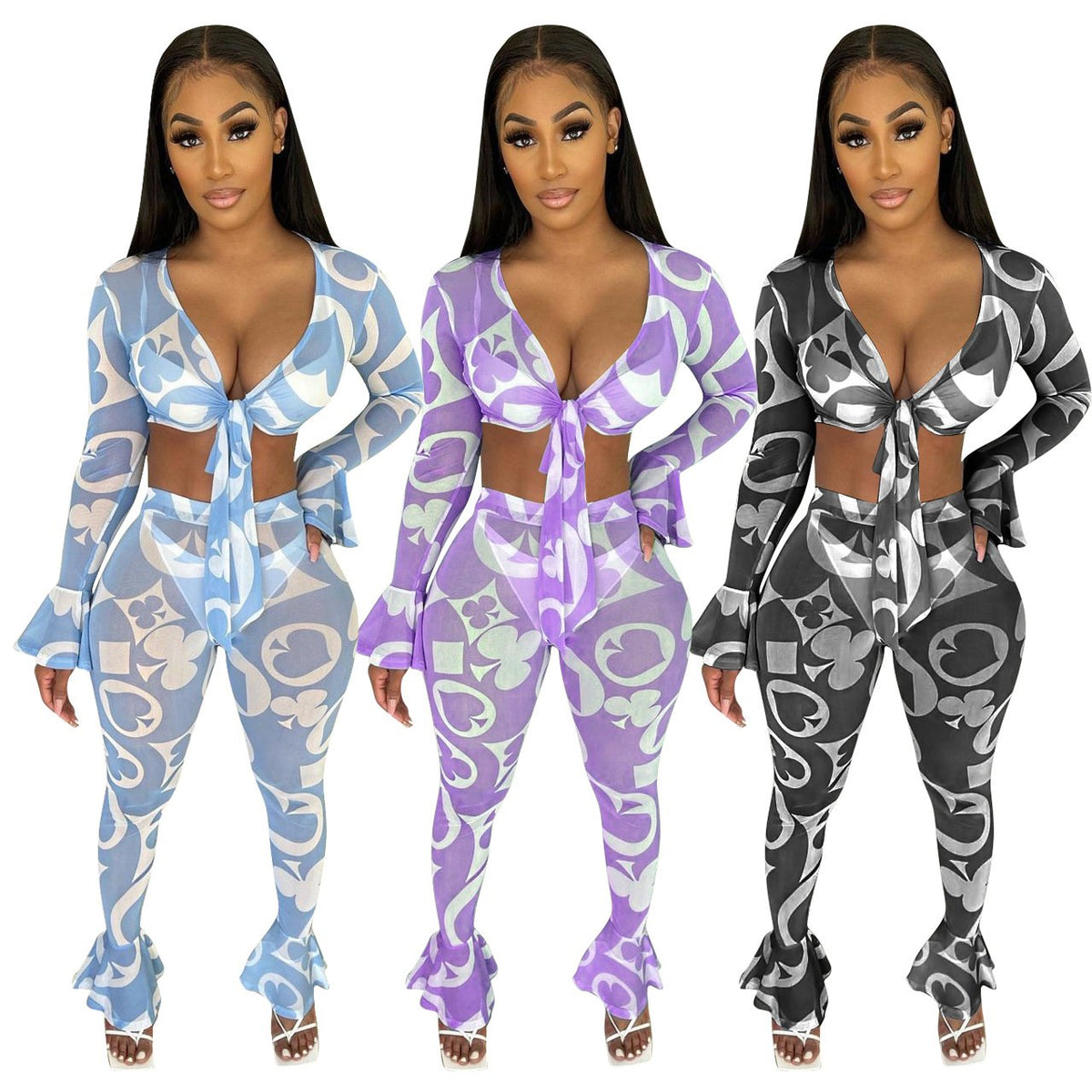 Women  Clothing Fashion Sexy Mesh Floral Print Ruffled Two-Piece