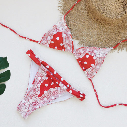 Retro Polka Dot Lace Strap Three Point Bikini Sexy Backless Split