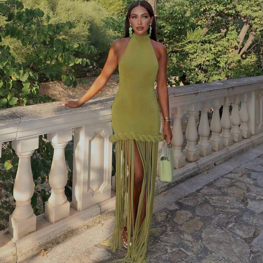Spring Women Tassel Design Halter Sexy Backless Solid Color Dress