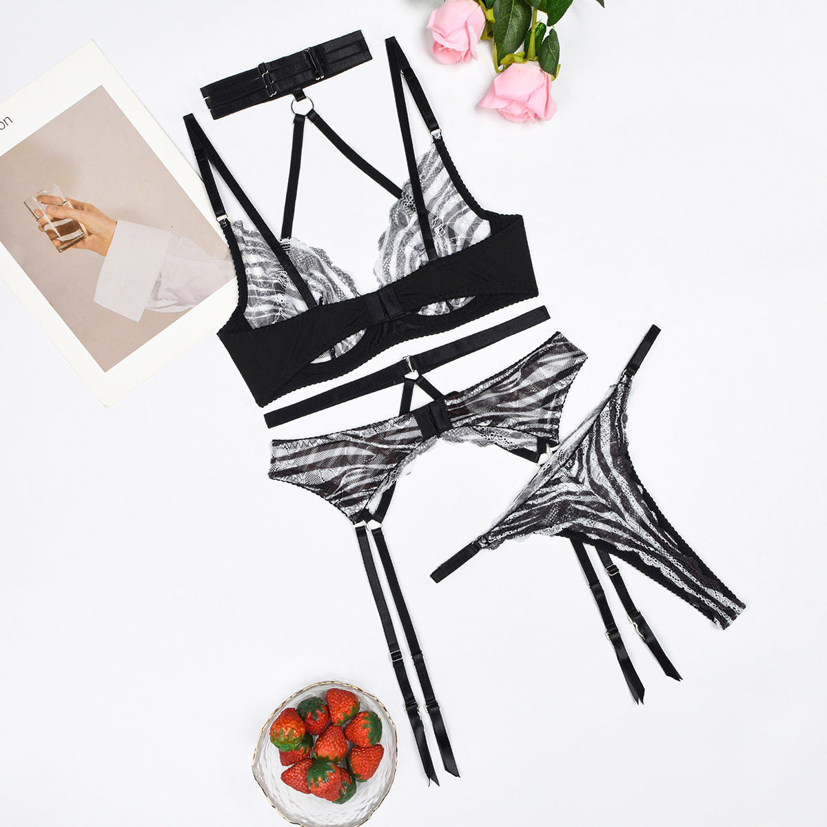 Zebra Striped Cross Neck Ring Women Sexy Underwear Split Three Piece