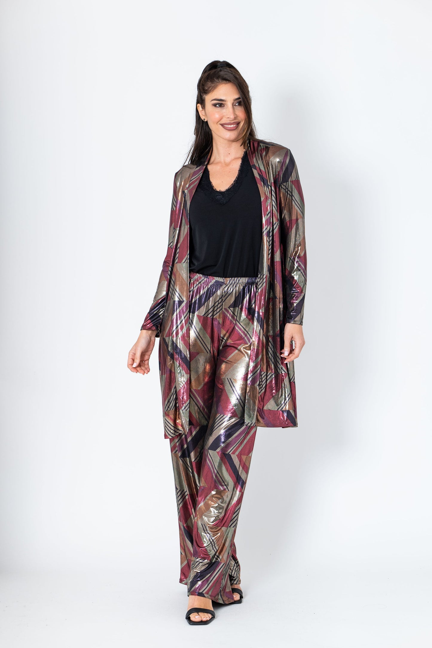 Conjunto de pantalón y chaqueta de brillo fuxia