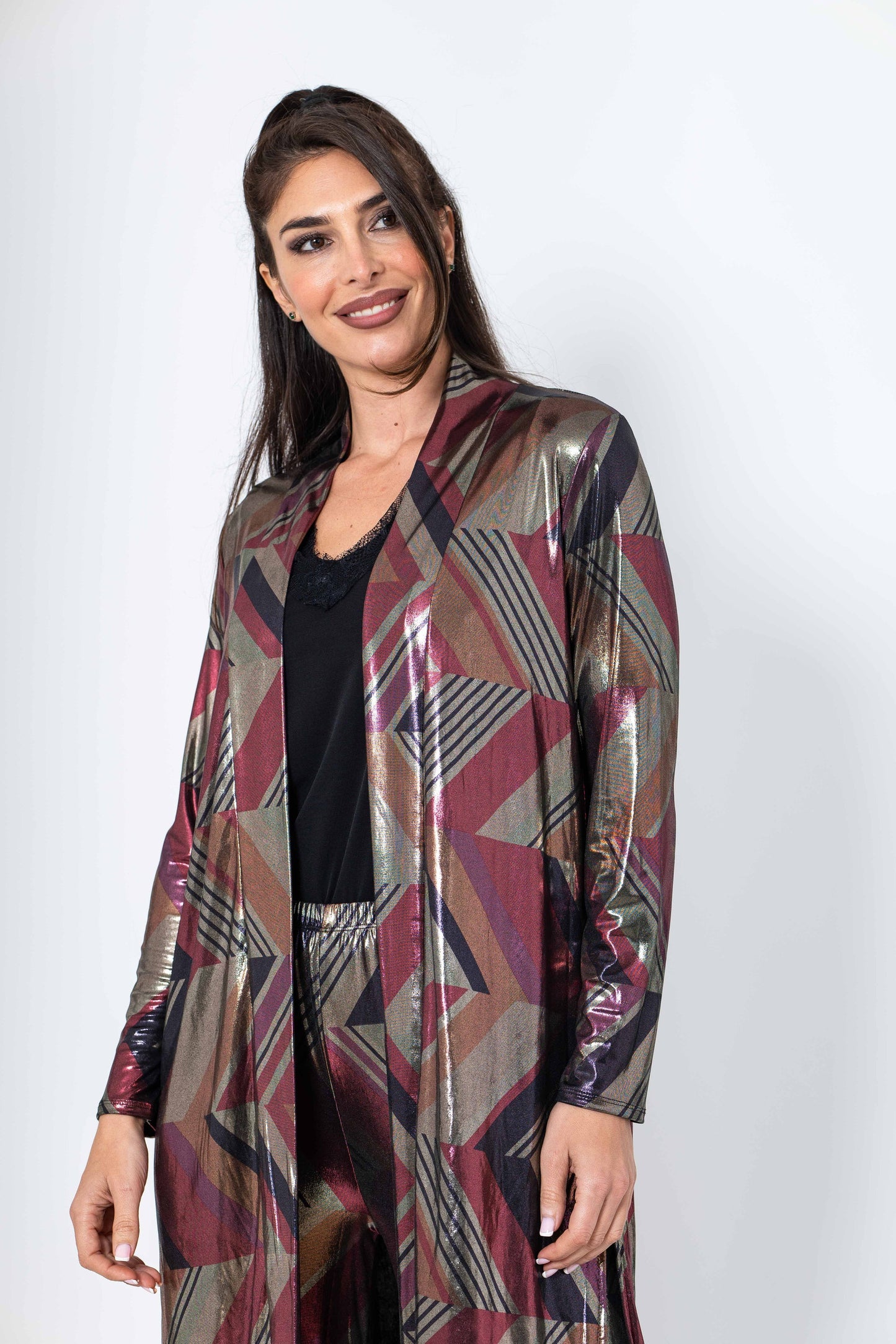 Conjunto de pantalón y chaqueta de brillo fuxia