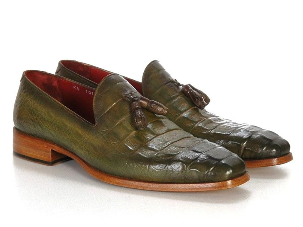 Paul Parkman Men's Green Crocodile Embossed Calfskin Tassel Loafer