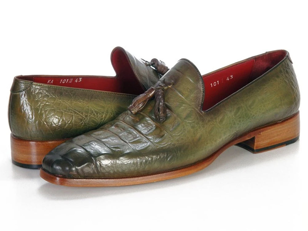Paul Parkman Men's Green Crocodile Embossed Calfskin Tassel Loafer