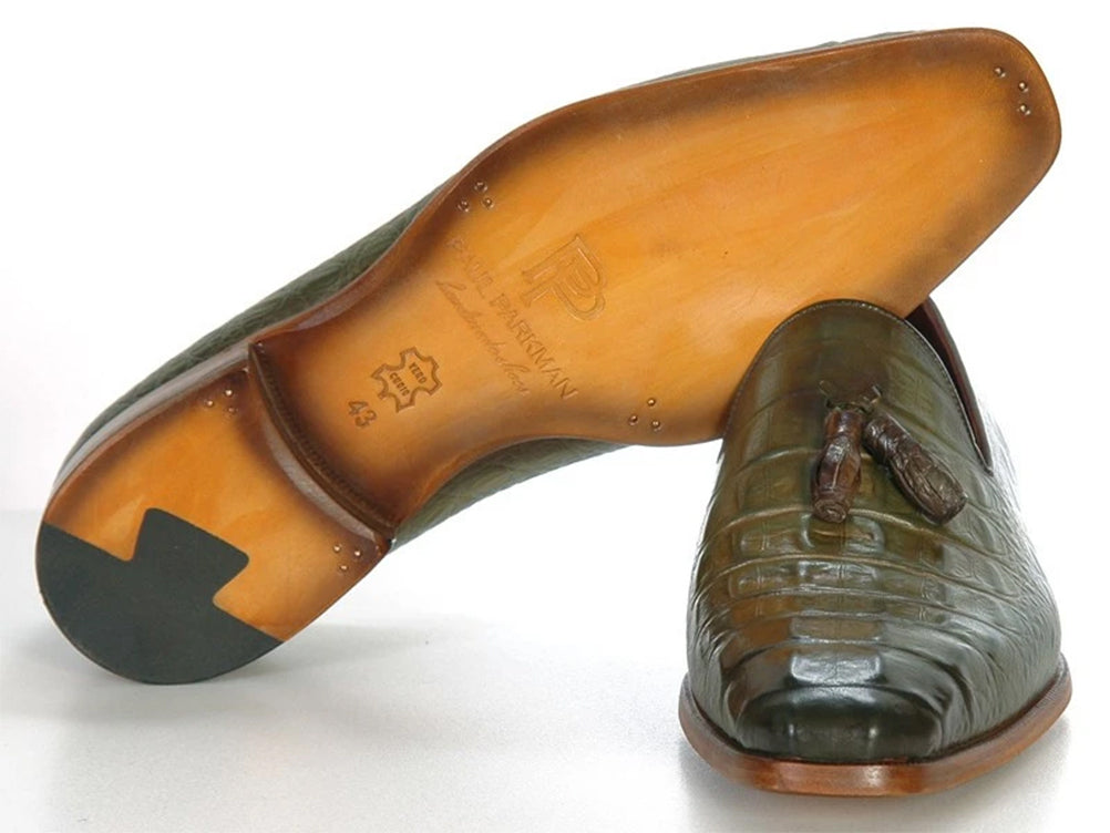Paul Parkman Men's Green Crocodile Embossed Calfskin Tassel Loafer
