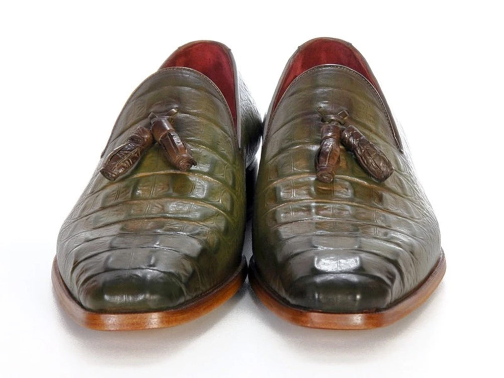 Paul Parkman Men's Green Crocodile Embossed Calfskin Tassel Loafer
