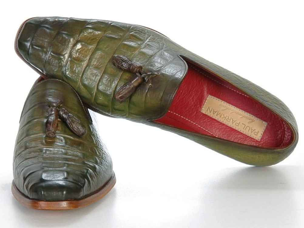 Paul Parkman Men's Green Crocodile Embossed Calfskin Tassel Loafer