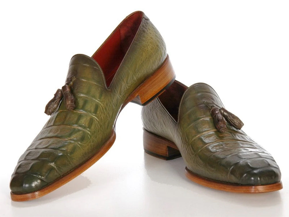 Paul Parkman Men's Green Crocodile Embossed Calfskin Tassel Loafer