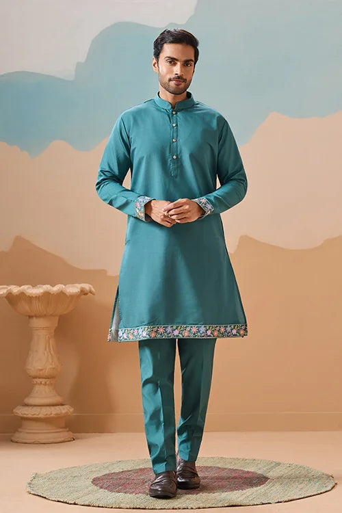 Wedding Party Outfit Rama Green Kurta Koti Pant for Men