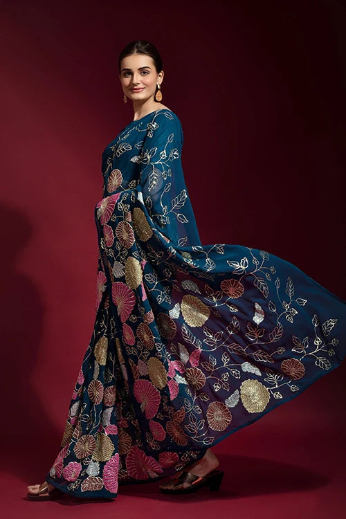 Bollywood Designer Petrol Saree with Embroidery Work