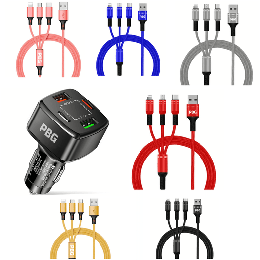 PBG 4 Port Car Charger and 4FT - 3 in 1 Nylon Cable Combo