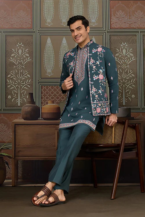 Premium Designer Green Koti Kurta Pair for Men
