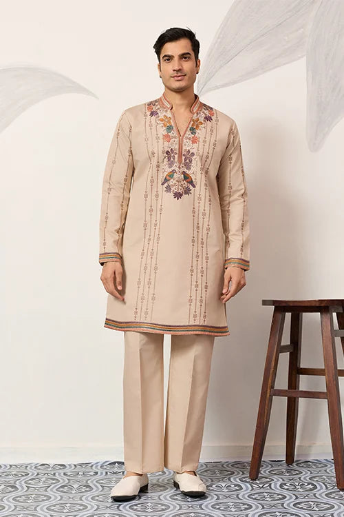 Premium Beige Embroidered V Neck Kurta Pant Set