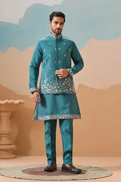 Wedding Party Outfit Rama Green Kurta Koti Pant for Men