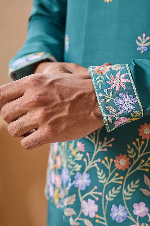 Wedding Party Outfit Rama Green Kurta Koti Pant for Men