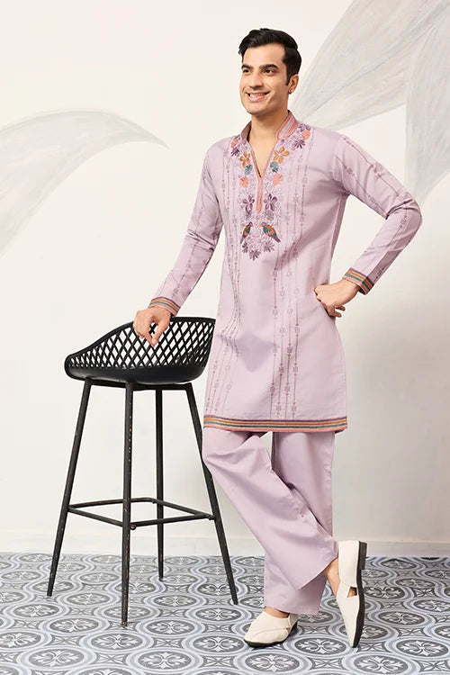 Royal Look Lavender V Neck Kurta Pant for Mens Wear