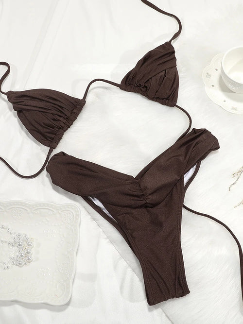 Sexy Folds Bikini Set Solid Micro Bikinis Women Swimsuit Female