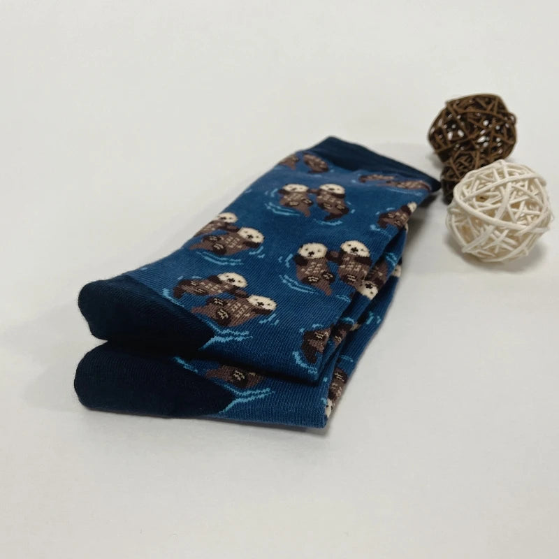 1 Pair Comfy Novelty Cute Brothers Otter Swimming Mid-Calf Men's Socks