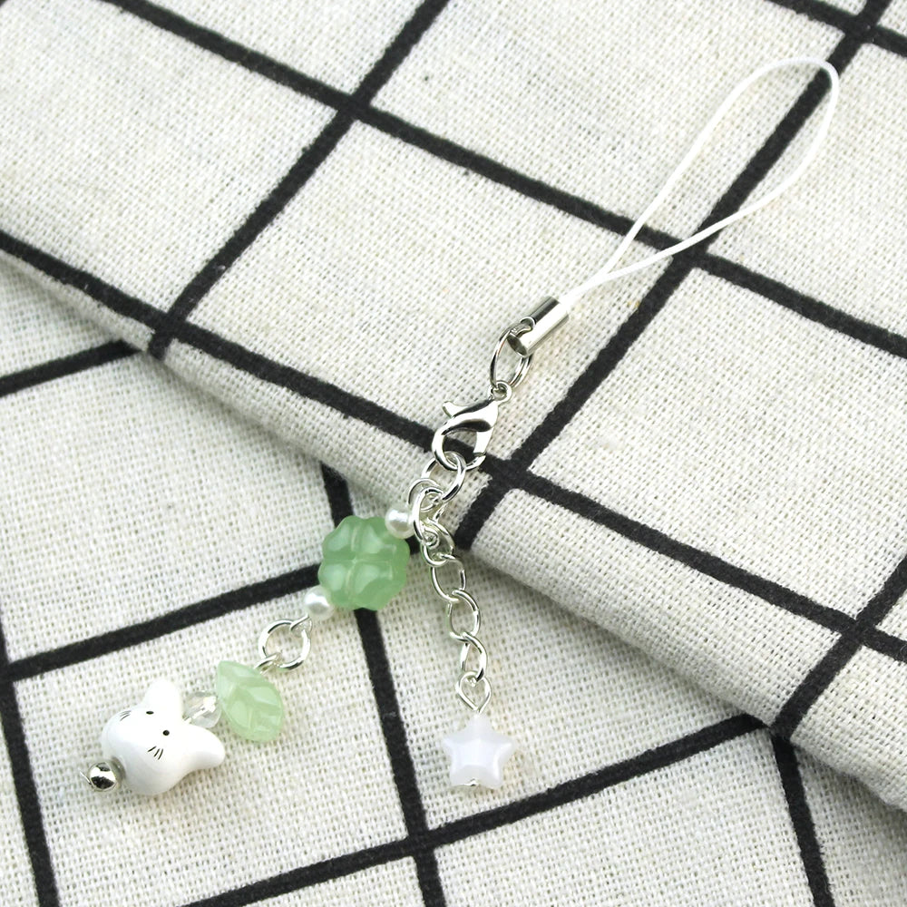 Handmade Four Leaf Clover Beaded Phone Charm Y2K Cute Cat Totoro