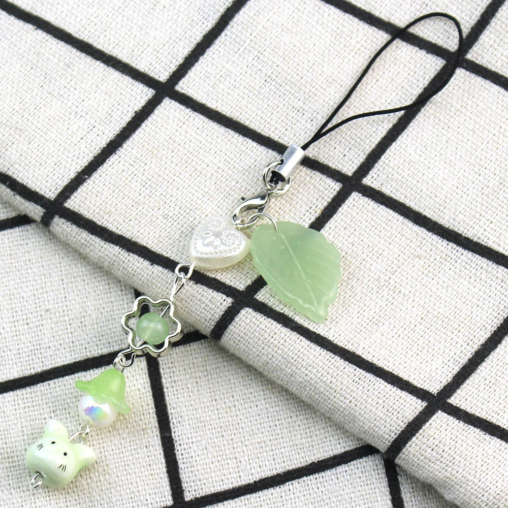 Handmade Four Leaf Clover Beaded Phone Charm Y2K Cute Cat Totoro
