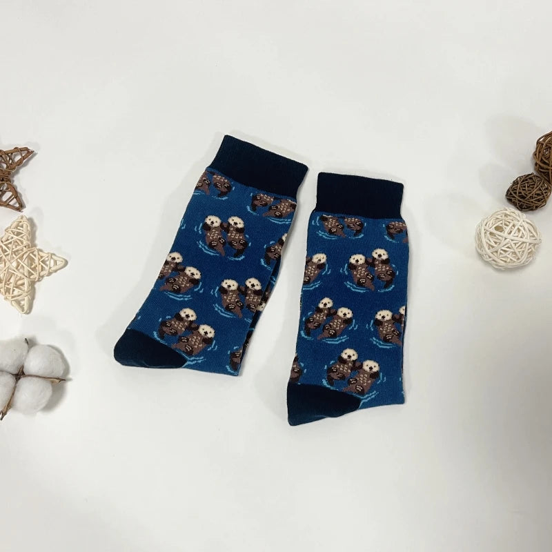 1 Pair Comfy Novelty Cute Brothers Otter Swimming Mid-Calf Men's Socks