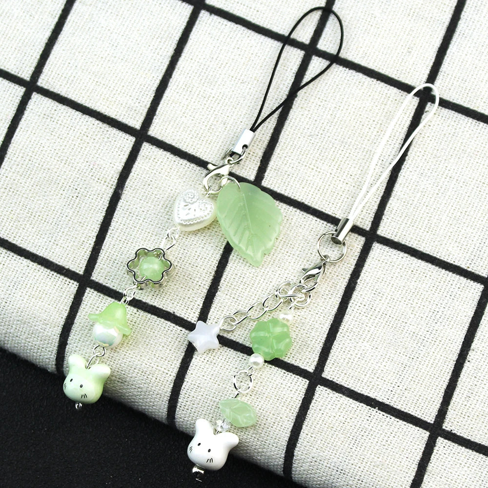 Handmade Four Leaf Clover Beaded Phone Charm Y2K Cute Cat Totoro