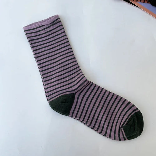 Retro Striped Socks Women Medium Tube Socks Spring and Autumn Cotton