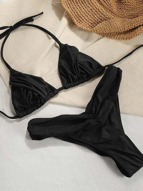 Sexy Folds Bikini Set Solid Micro Bikinis Women Swimsuit Female