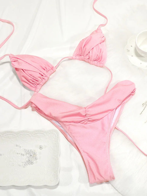 Sexy Folds Bikini Set Solid Micro Bikinis Women Swimsuit Female