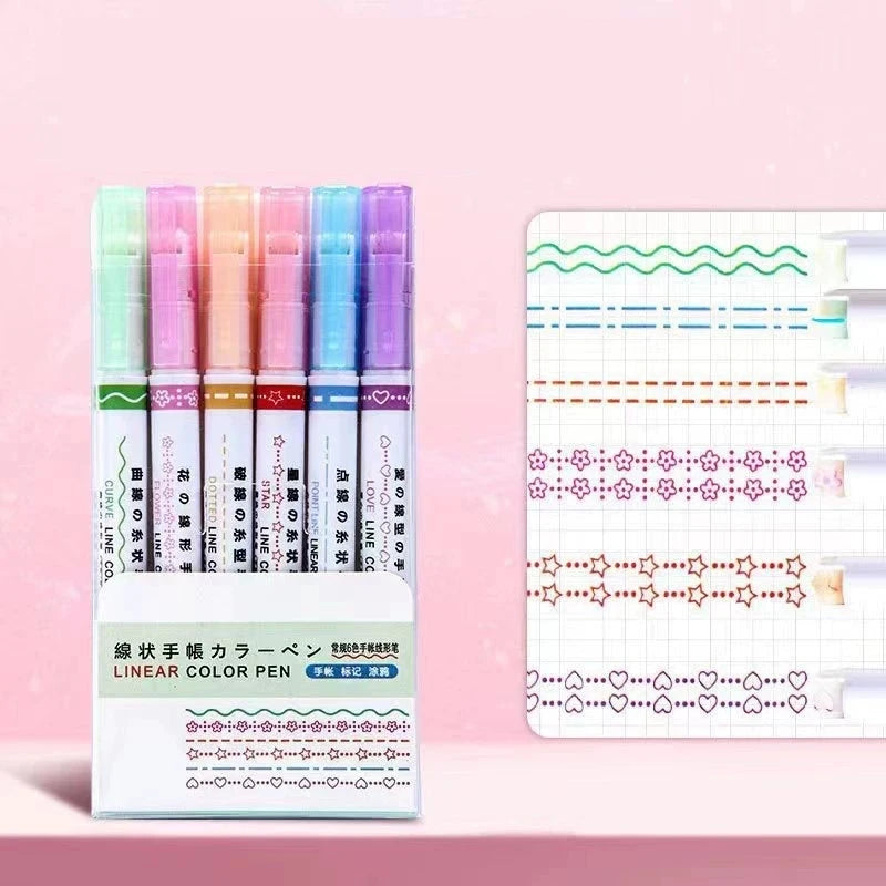 6Pcs New Flower Shape Outline Pens Highlighter Marker Curve Roller Tip