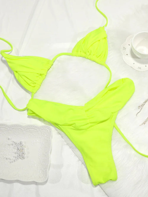 Sexy Folds Bikini Set Solid Micro Bikinis Women Swimsuit Female