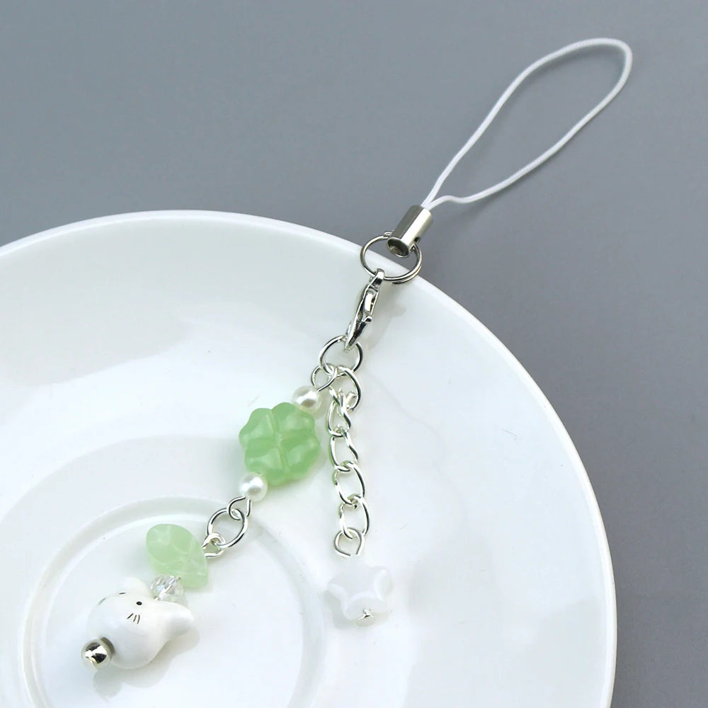 Handmade Four Leaf Clover Beaded Phone Charm Y2K Cute Cat Totoro