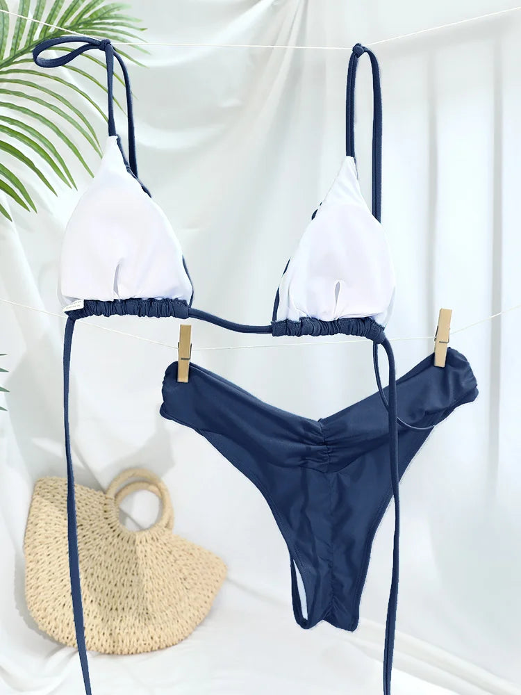Sexy Folds Bikini Set Solid Micro Bikinis Women Swimsuit Female