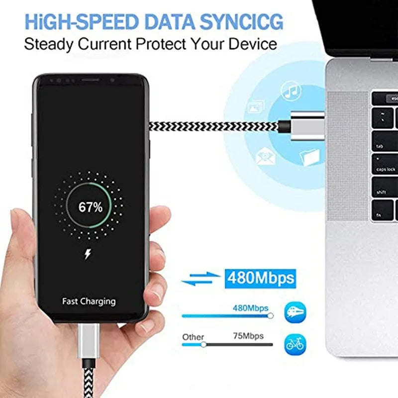 2.4A  USB Type C Cable Fast Charging Battery Charger Wire Woven Nylon