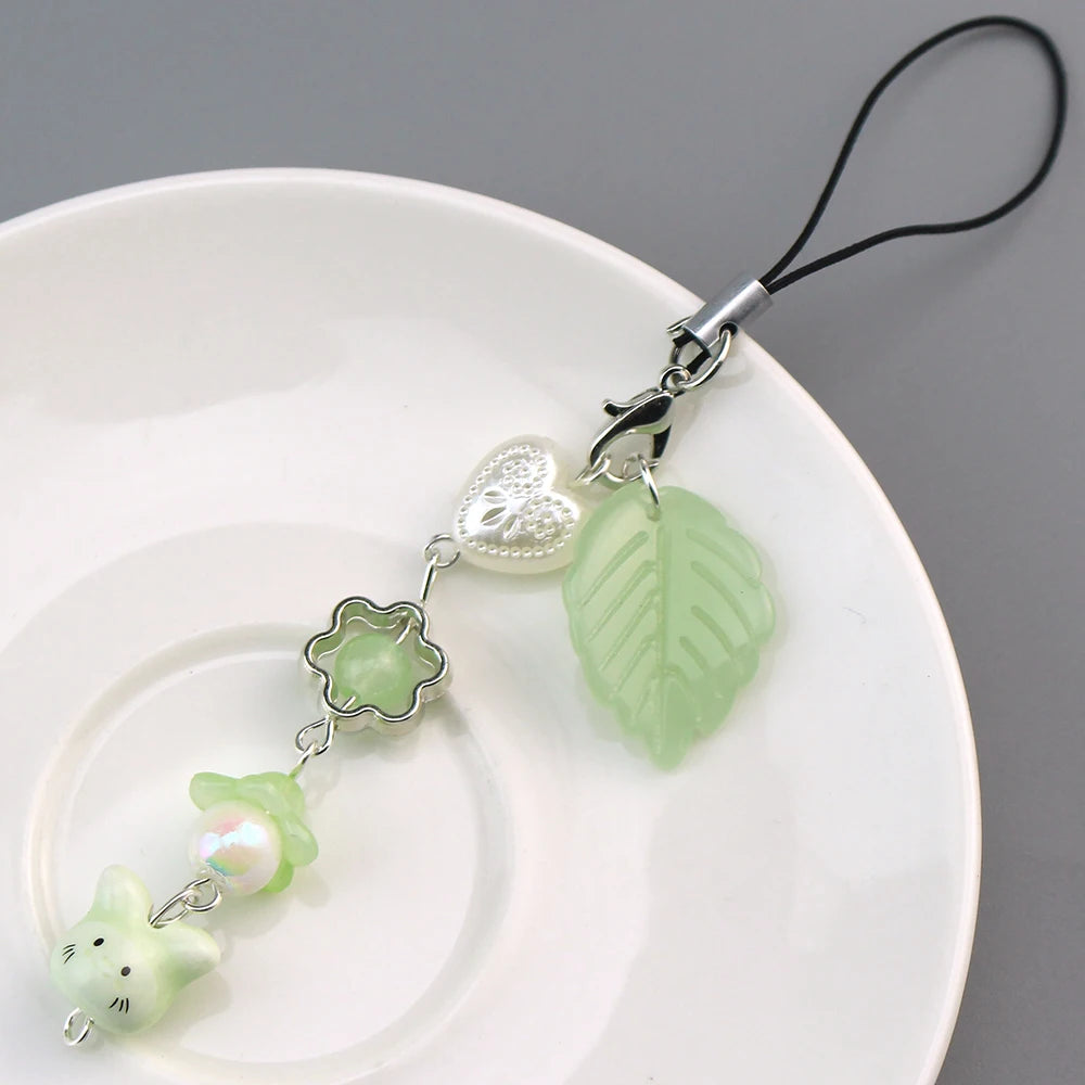 Handmade Four Leaf Clover Beaded Phone Charm Y2K Cute Cat Totoro