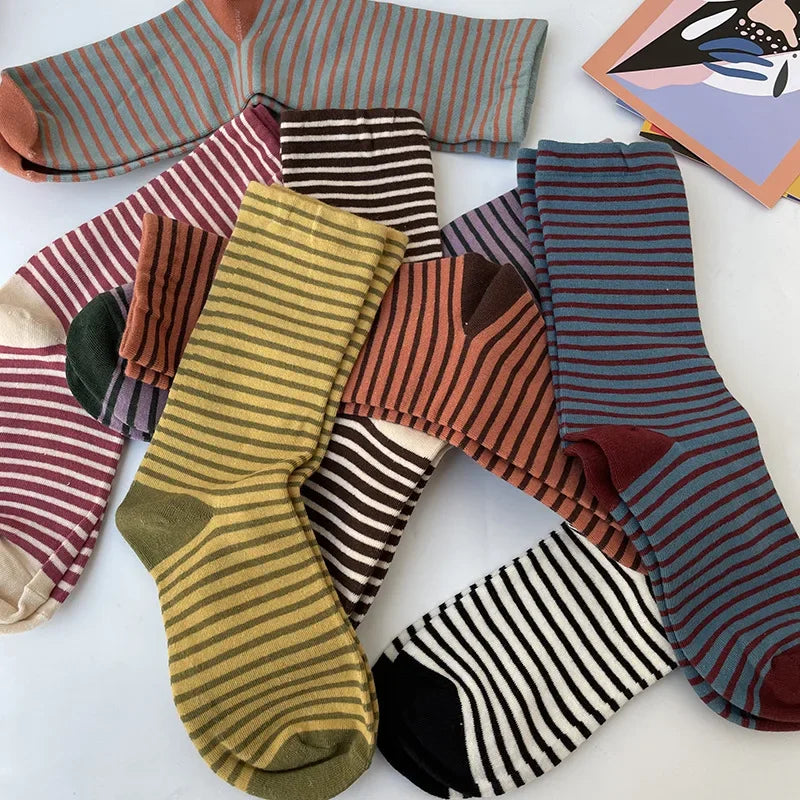 Retro Striped Socks Women Medium Tube Socks Spring and Autumn Cotton