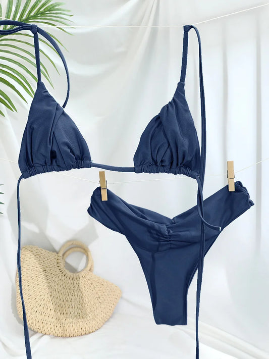Sexy Folds Bikini Set Solid Micro Bikinis Women Swimsuit Female