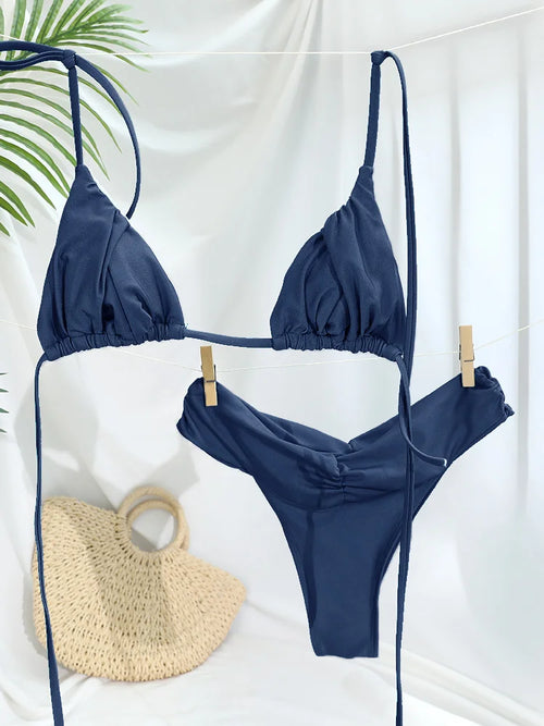 Sexy Folds Bikini Set Solid Micro Bikinis Women Swimsuit Female