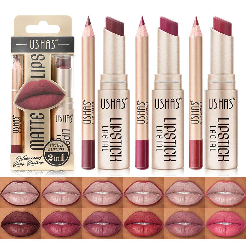 USHAS 12 Color Lip Liner + LIPSTICK Set Easy Coloring Matte Lipstick