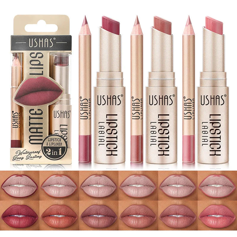 USHAS 12 Color Lip Liner + LIPSTICK Set Easy Coloring Matte Lipstick