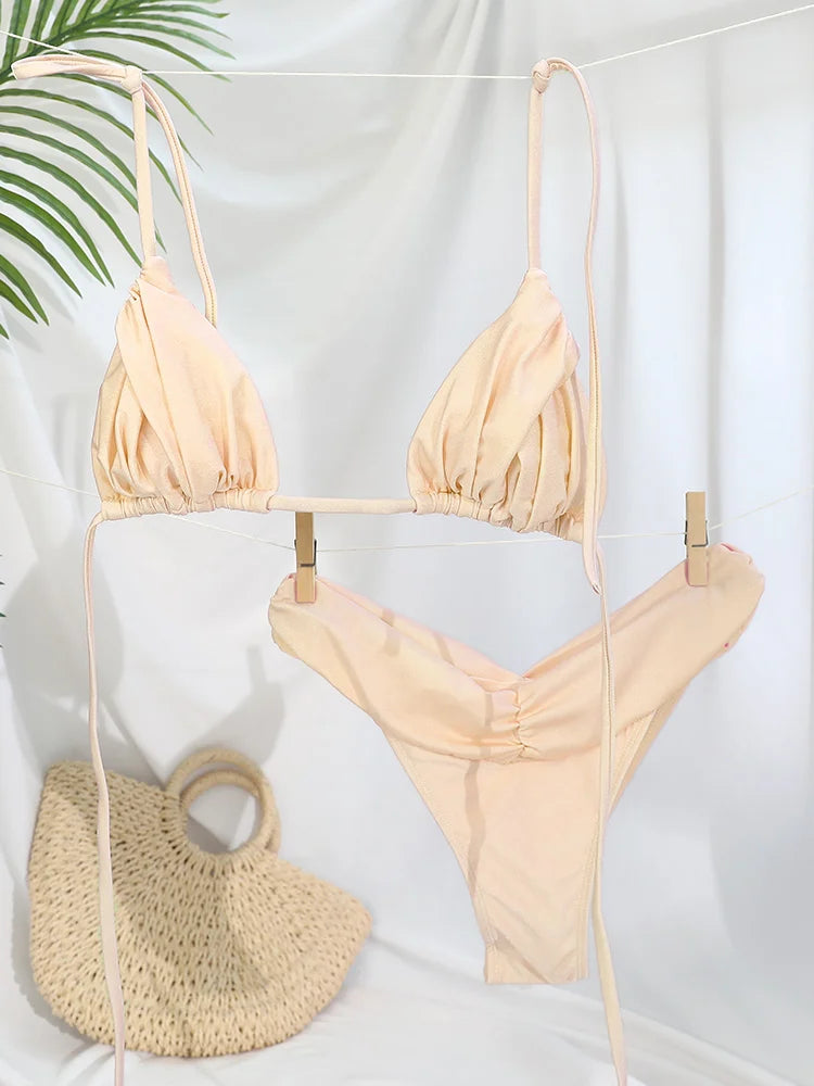 Sexy Folds Bikini Set Solid Micro Bikinis Women Swimsuit Female