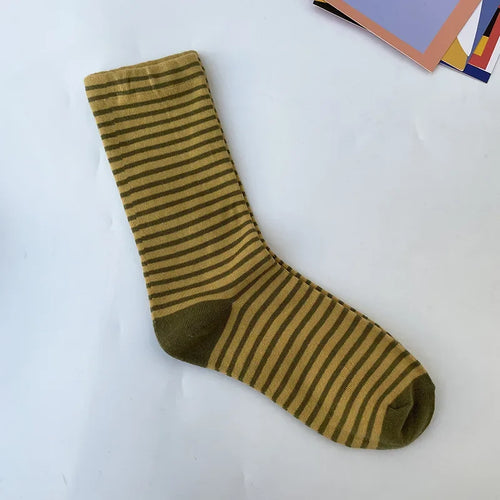 Retro Striped Socks Women Medium Tube Socks Spring and Autumn Cotton