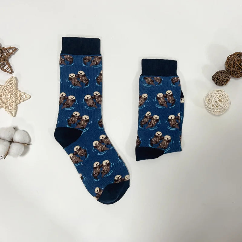 1 Pair Comfy Novelty Cute Brothers Otter Swimming Mid-Calf Men's Socks