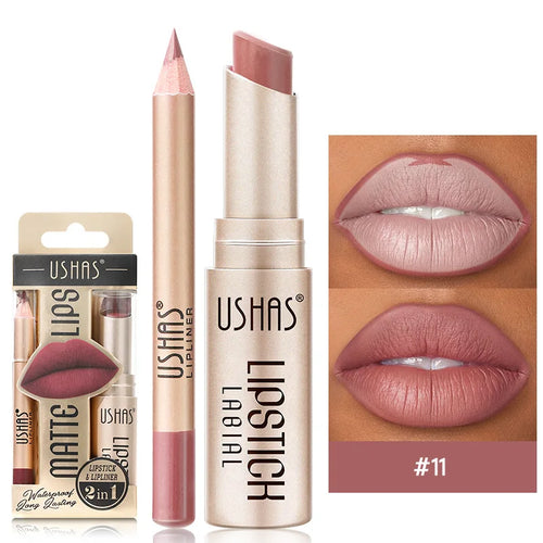 USHAS 12 Color Lip Liner + LIPSTICK Set Easy Coloring Matte Lipstick