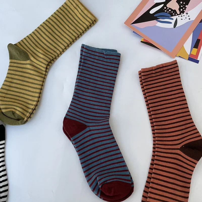 Retro Striped Socks Women Medium Tube Socks Spring and Autumn Cotton