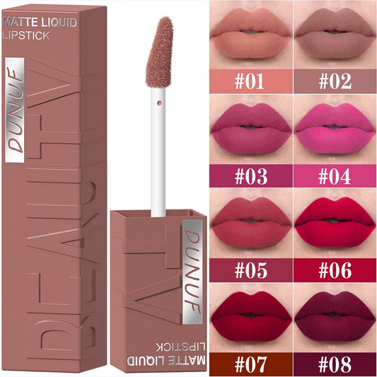 DUNUF  8-color matte velvet smooth easy-to-apply square tube lip gloss