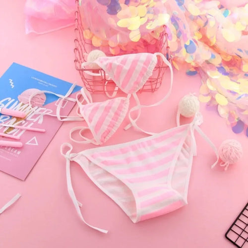 Japan Sexy Lingerie Lolita Kawaii Blue Pink White Striped Mini Bikini