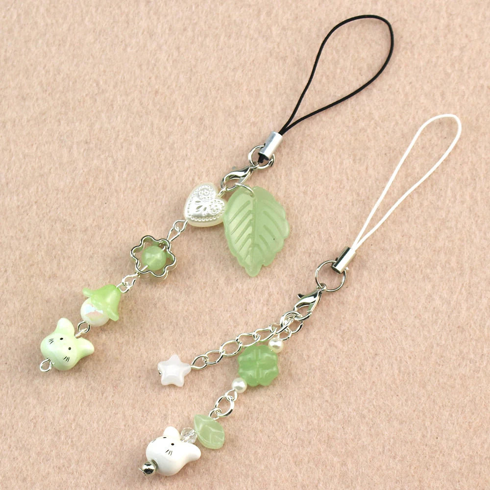 Handmade Four Leaf Clover Beaded Phone Charm Y2K Cute Cat Totoro